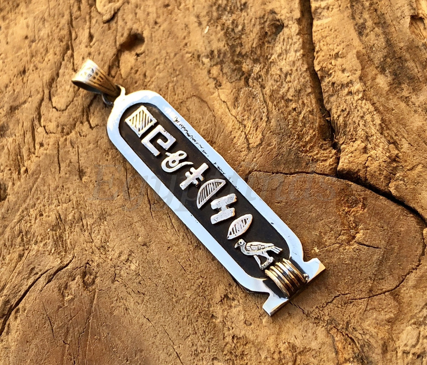 Egyptian Personalized Sterling Silver Cartouche With Glyphs On The Back With 9K Letters,10 characters Name Cartouche Charm