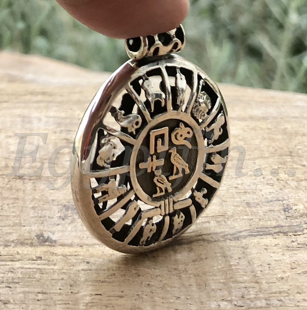 Egyptian Personalized Eye Sun Ra Circle Scarab Sterling Silver Cartouche Name Pendant Charm
