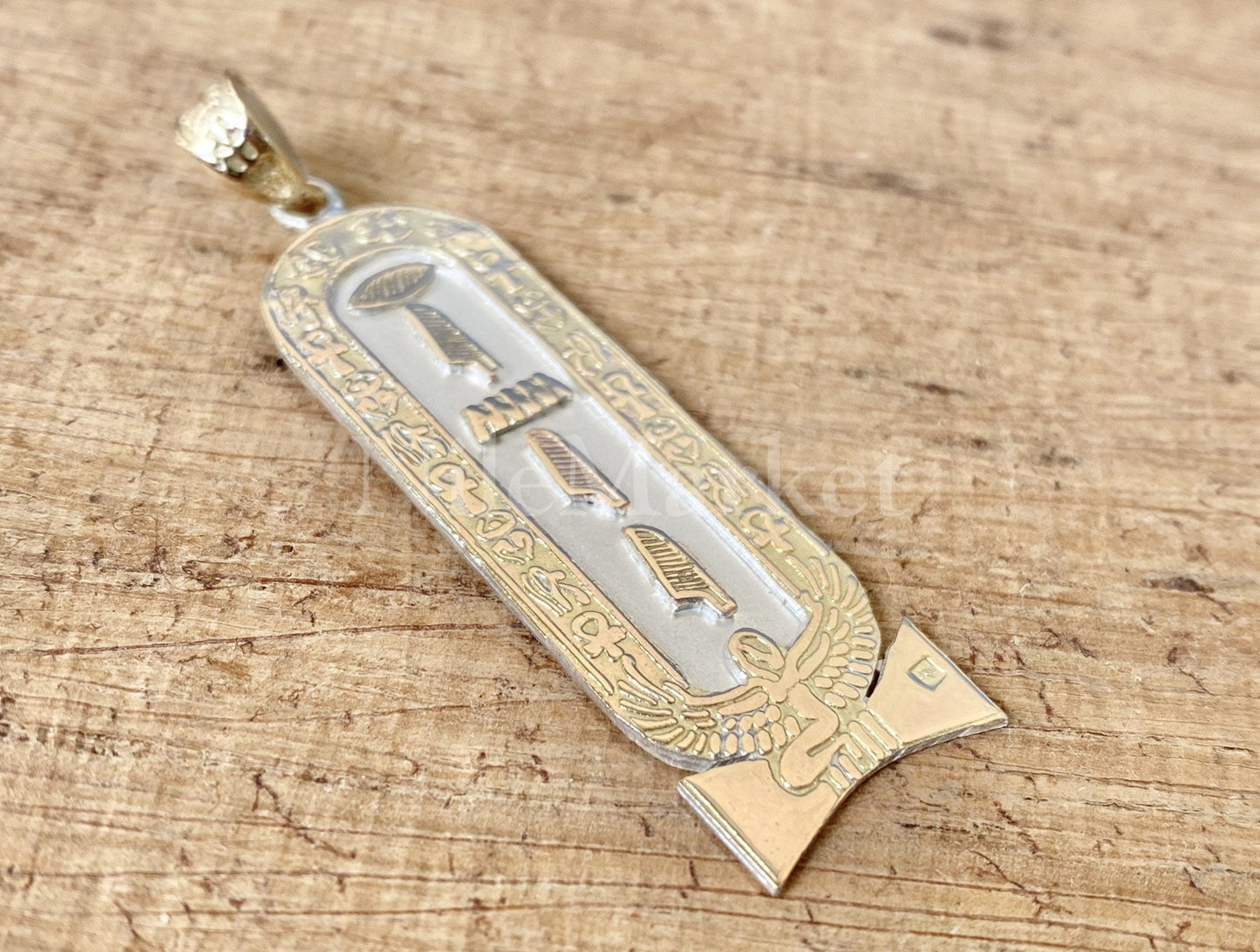 Egyptian Customized Winged Isis Cartouche With 9K Gold Frame And 9K Letters Charm Personalized Cartouche