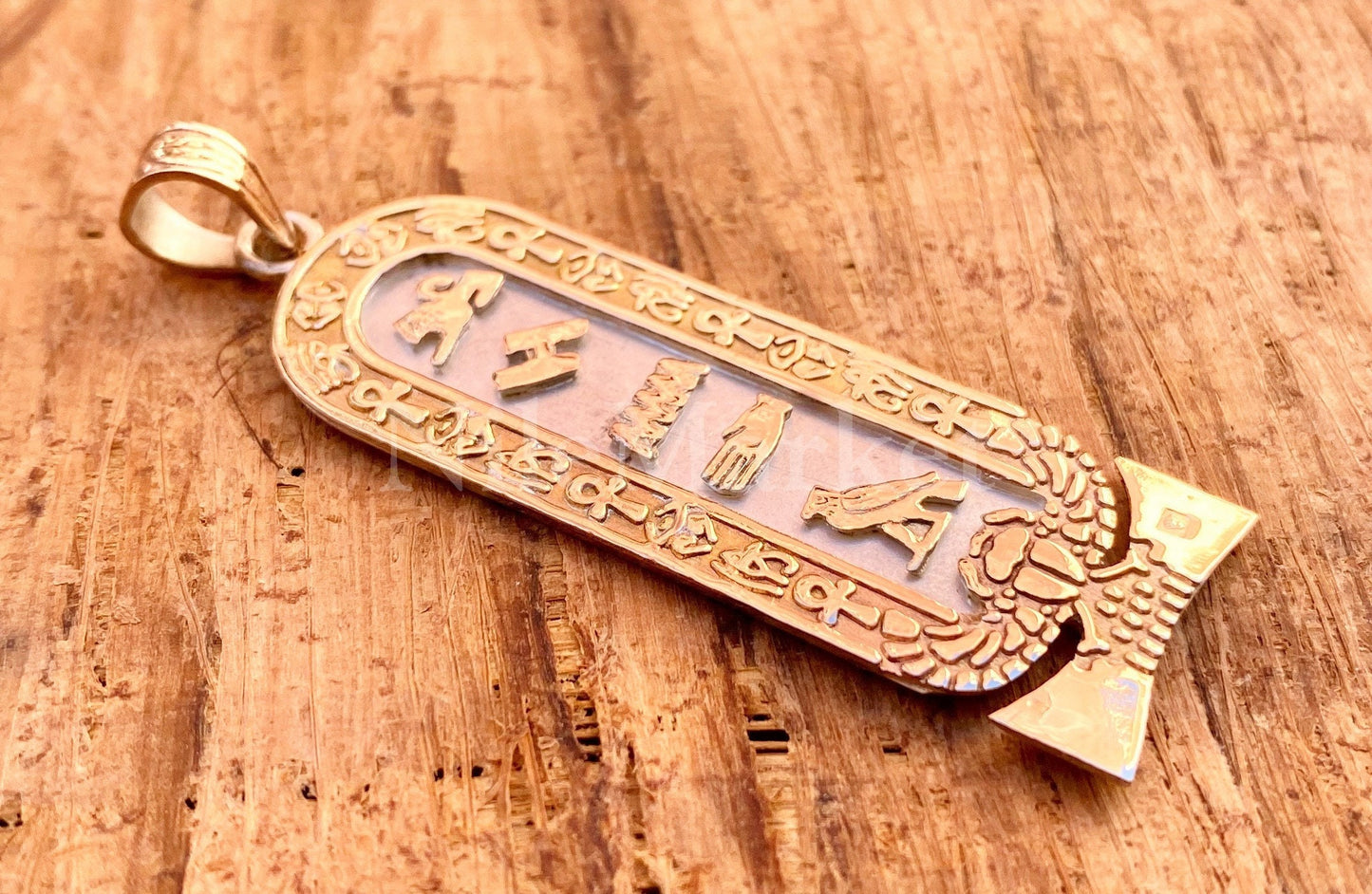 Egyptian Customized Winged Scarab Cartouche With 9K Gold Frame And 9K Letters Charm Personalized Cartouche Pendant