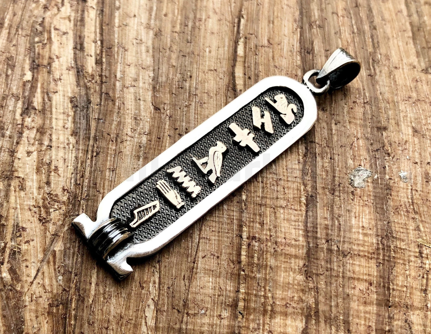 Egyptian Sterling silver Customized Personalized Cartouche With 9K Yellow Solid Gold Letters In Hieroglyphics or Arabic Or English