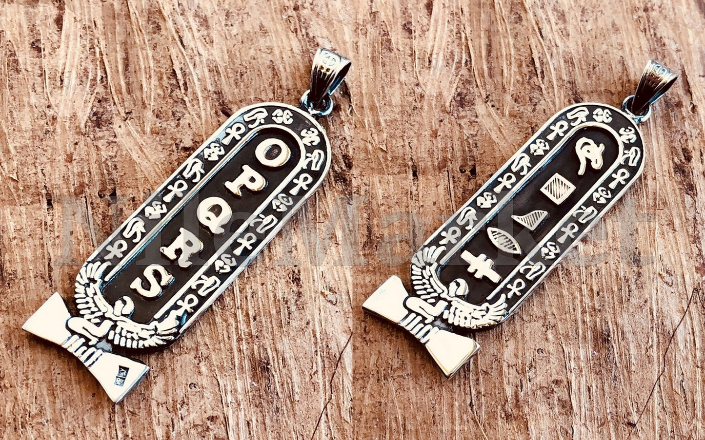 Egyptian Winged Isis Double-Faced Sterling Silver Cartouche Charm Convert Your name Into Hieroglyphics