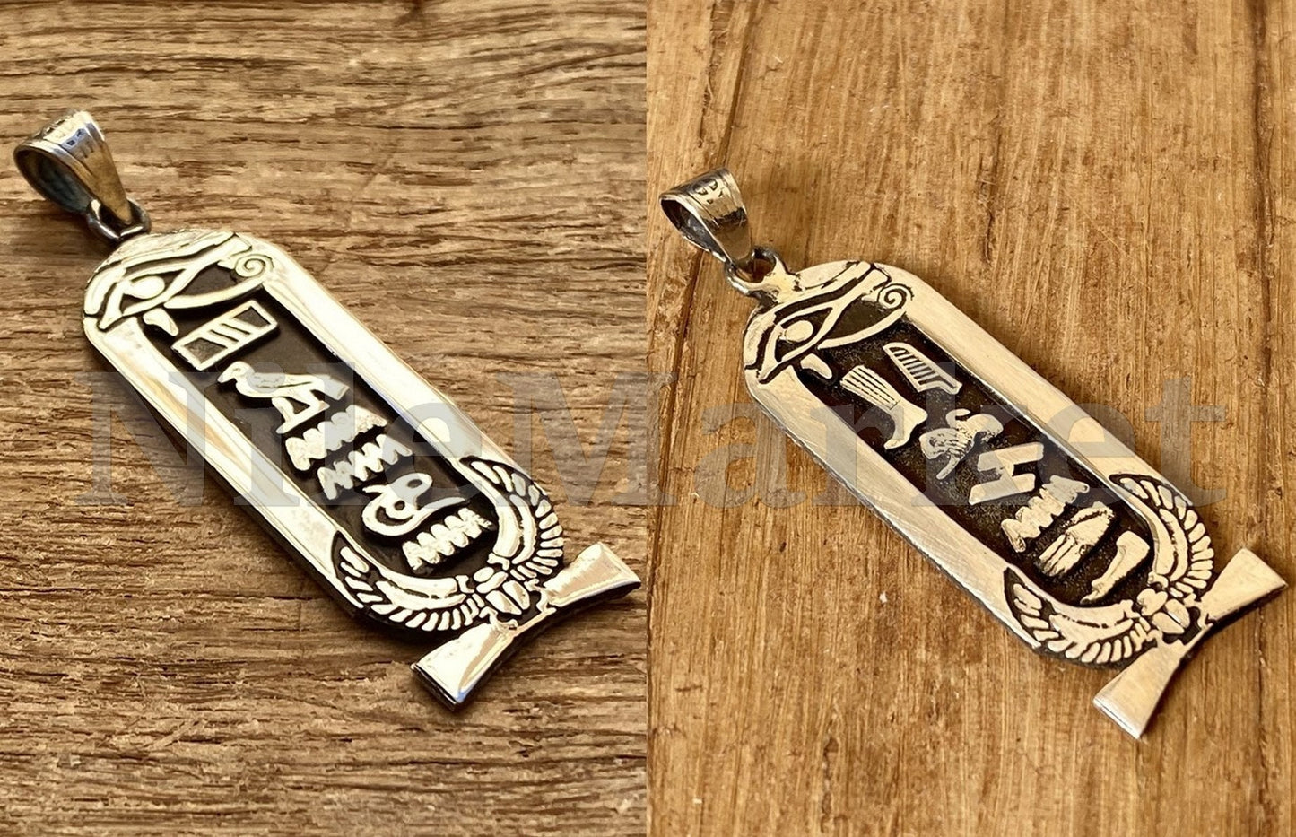 Egyptian Personalized Double sided Eye Of Horus And Scarab cartouche Sterling Silver Cartouche Charm , WORLD WIDE Express Shipping