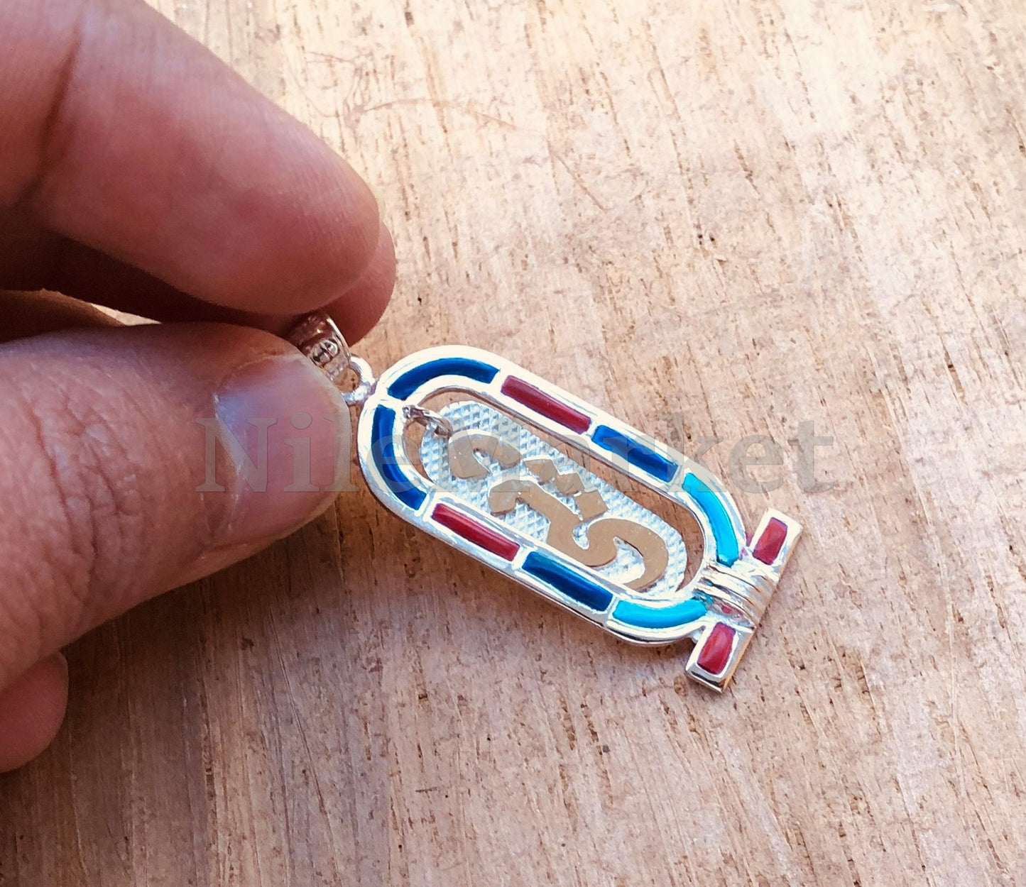 Egyptian Colored Inlaid Sterling Silver Cartouche Pendant Necklace Get Your Name or Numbers Personalized