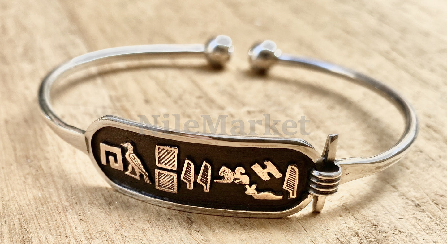 Egyptian Wide Customized Handmade Solid Silver Cartouche Bracelet