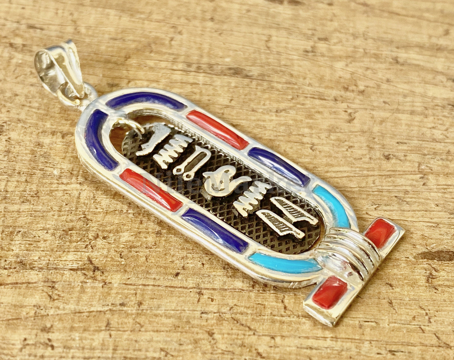Egyptian Colored Inlaid Sterling Silver Cartouche Pendant Necklace Get Your Name or Numbers Personalized