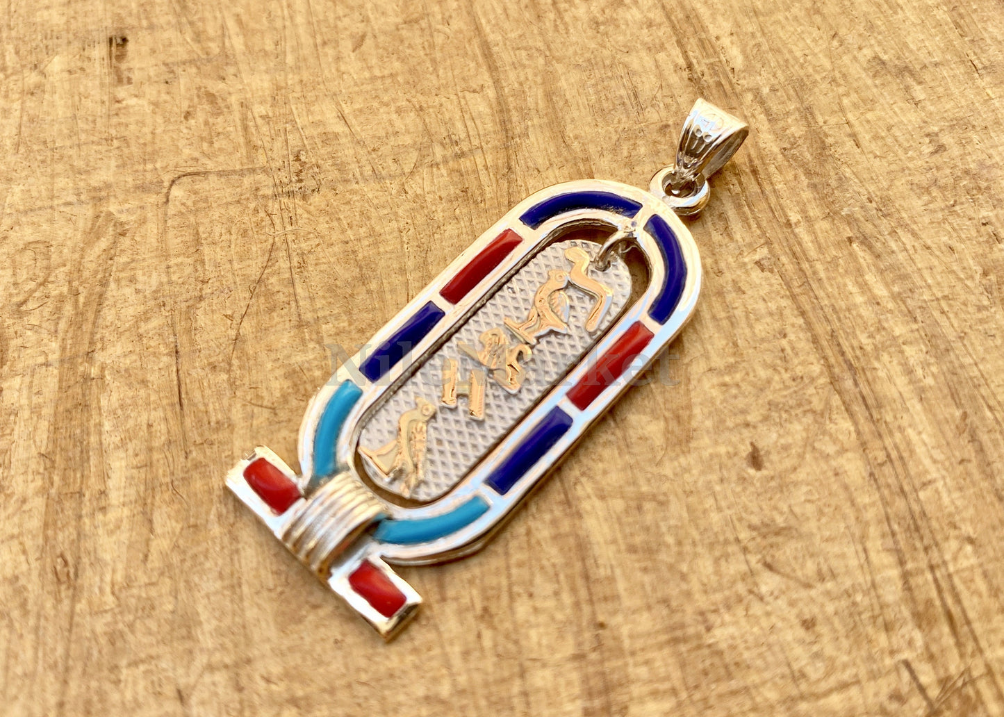 Egyptian Colored Inlaid Sterling Silver Cartouche Pendant Necklace Get Your Name or Numbers Personalized