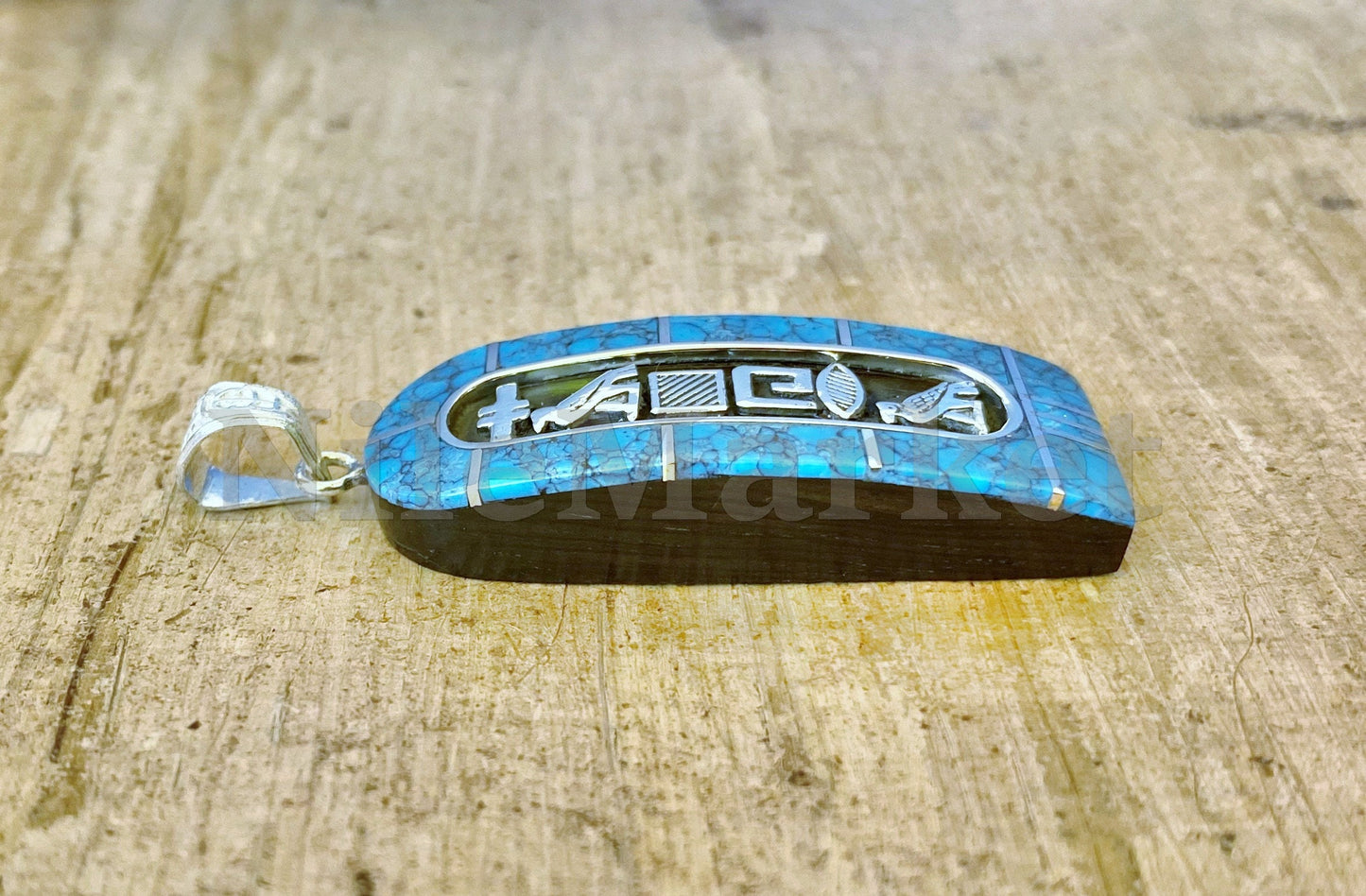 Egyptian Personalized Ebony Blue Inlaid Wide Sterling Silver Cartouche Charm , WORLD WIDE Express Shipping,