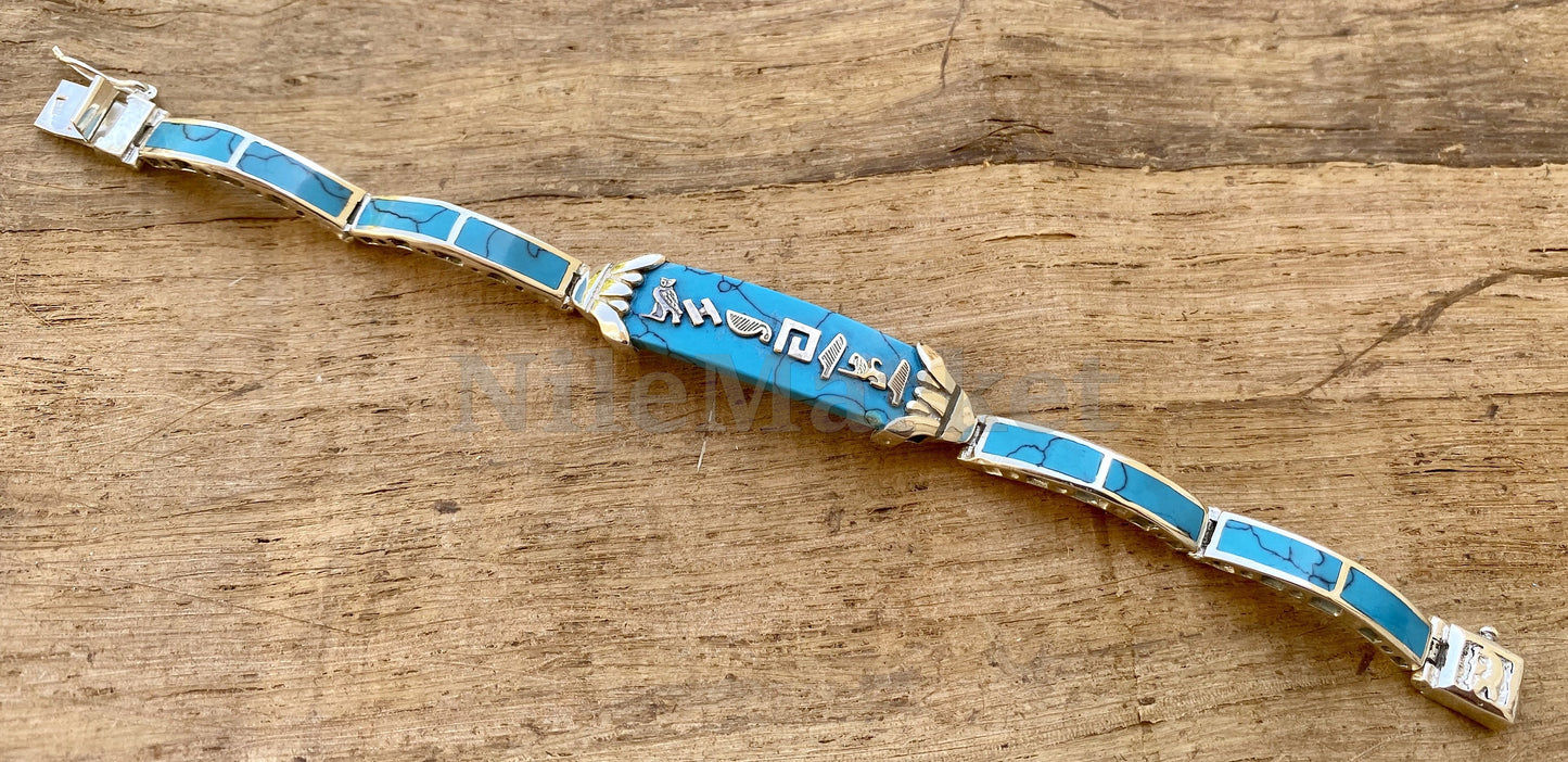 Put your name on Egyptian Custom Sterling Silver Lotus Personalized Cartouche Blue Inlaid Cuff Links Bracelet , WORLD WIDE Express Shipping