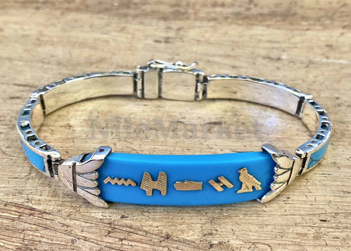 Put your name on Egyptian Custom Sterling Silver Lotus Personalized Cartouche Blue Inlaid Cuff Links Bracelet , WORLD WIDE Express Shipping