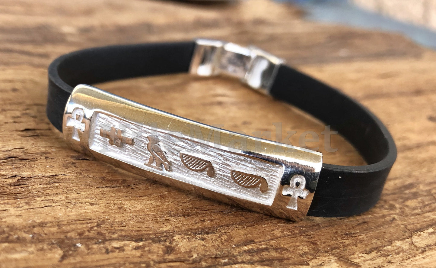 Egyptian Personalized NamePLate Solid Silver Custom Name Cartouche In Leather Bracelet ,WORLD WIDE Express Shipping