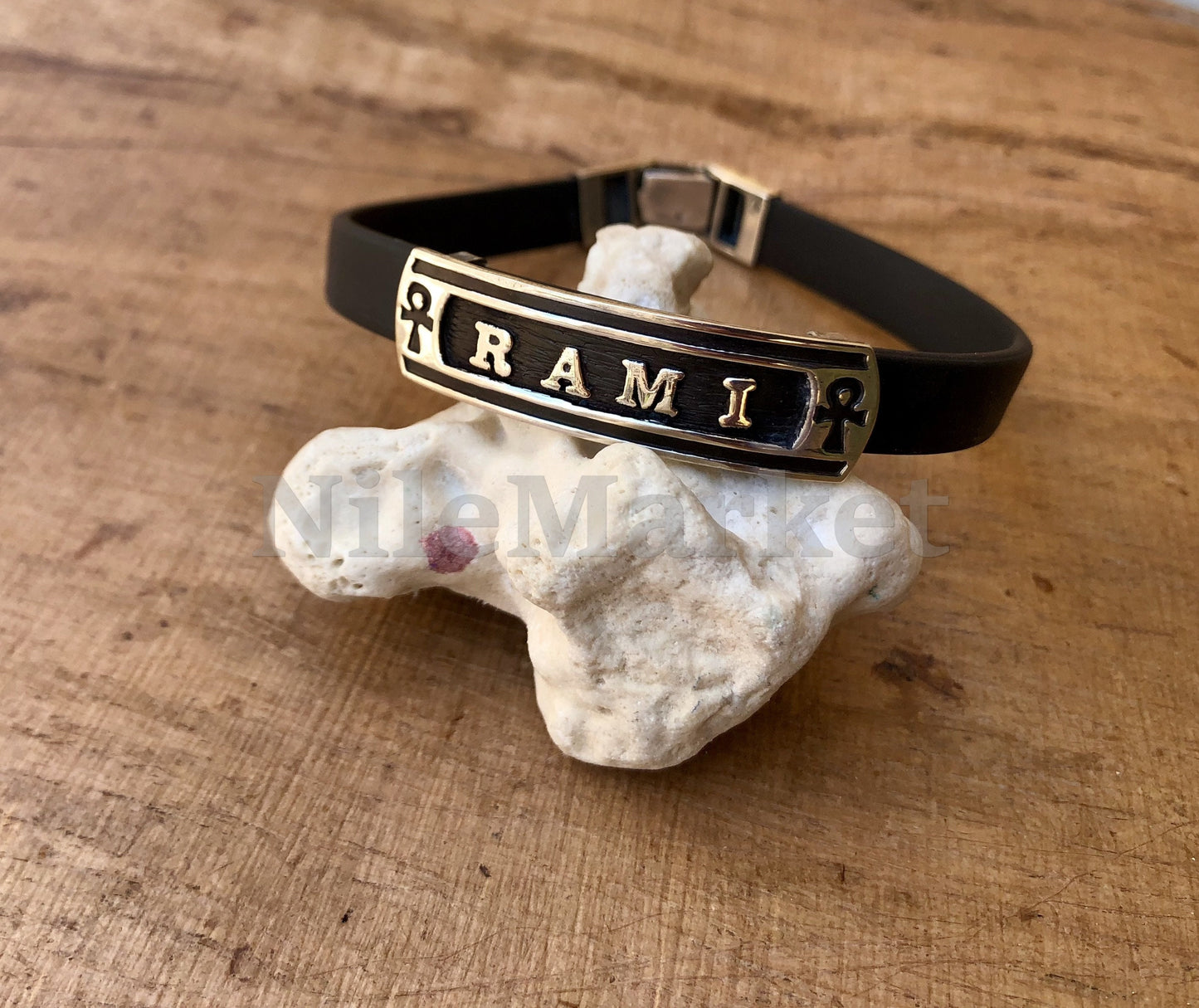 Egyptian Personalized Solid Silver Cartouche In Leather Bracelet , WORLD WIDE Express Shipping