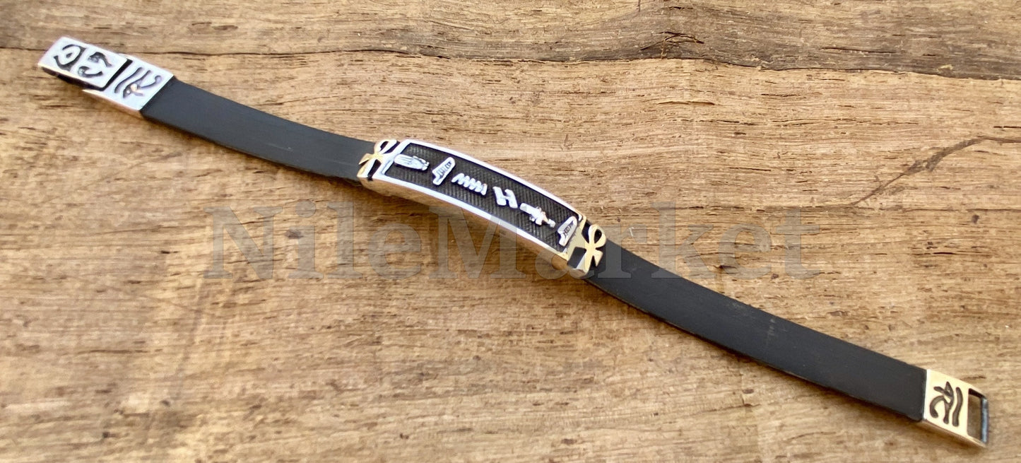 Egyptian personalize cartouche Ankh Life Key Personalized Name Sterling Silver Cartouche In Leather Bracelet , cartouche personalize