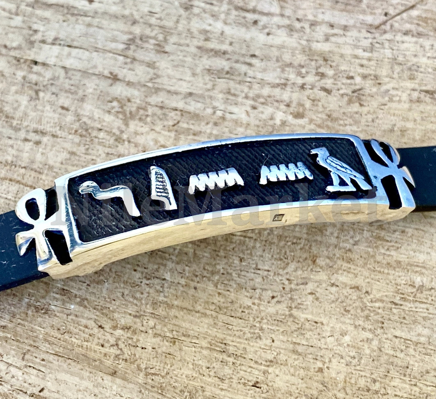 Egyptian personalize cartouche Ankh Life Key Personalized Name Sterling Silver Cartouche In Leather Bracelet , cartouche personalize