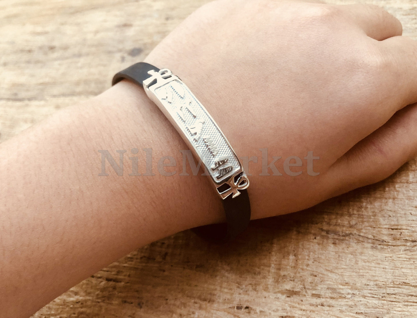 Egyptian personalize cartouche Ankh Life Key Personalized Name Sterling Silver Cartouche In Leather Bracelet , cartouche personalize