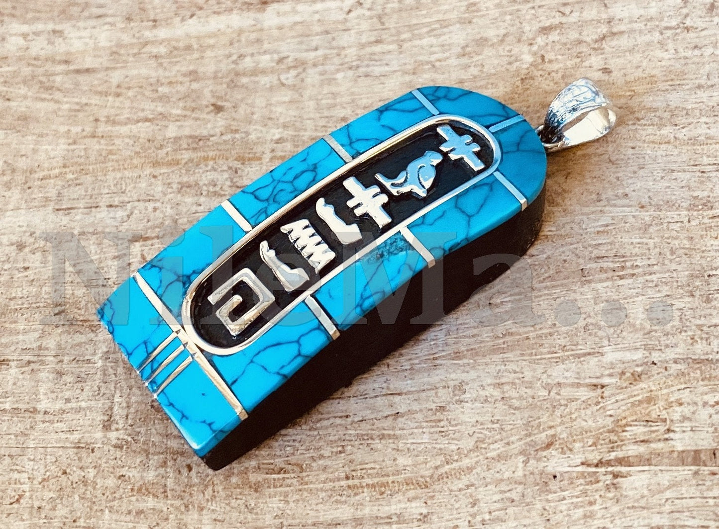 Egyptian Personalized Ebony Blue Inlaid Wide Sterling Silver Cartouche Charm , WORLD WIDE Express Shipping,