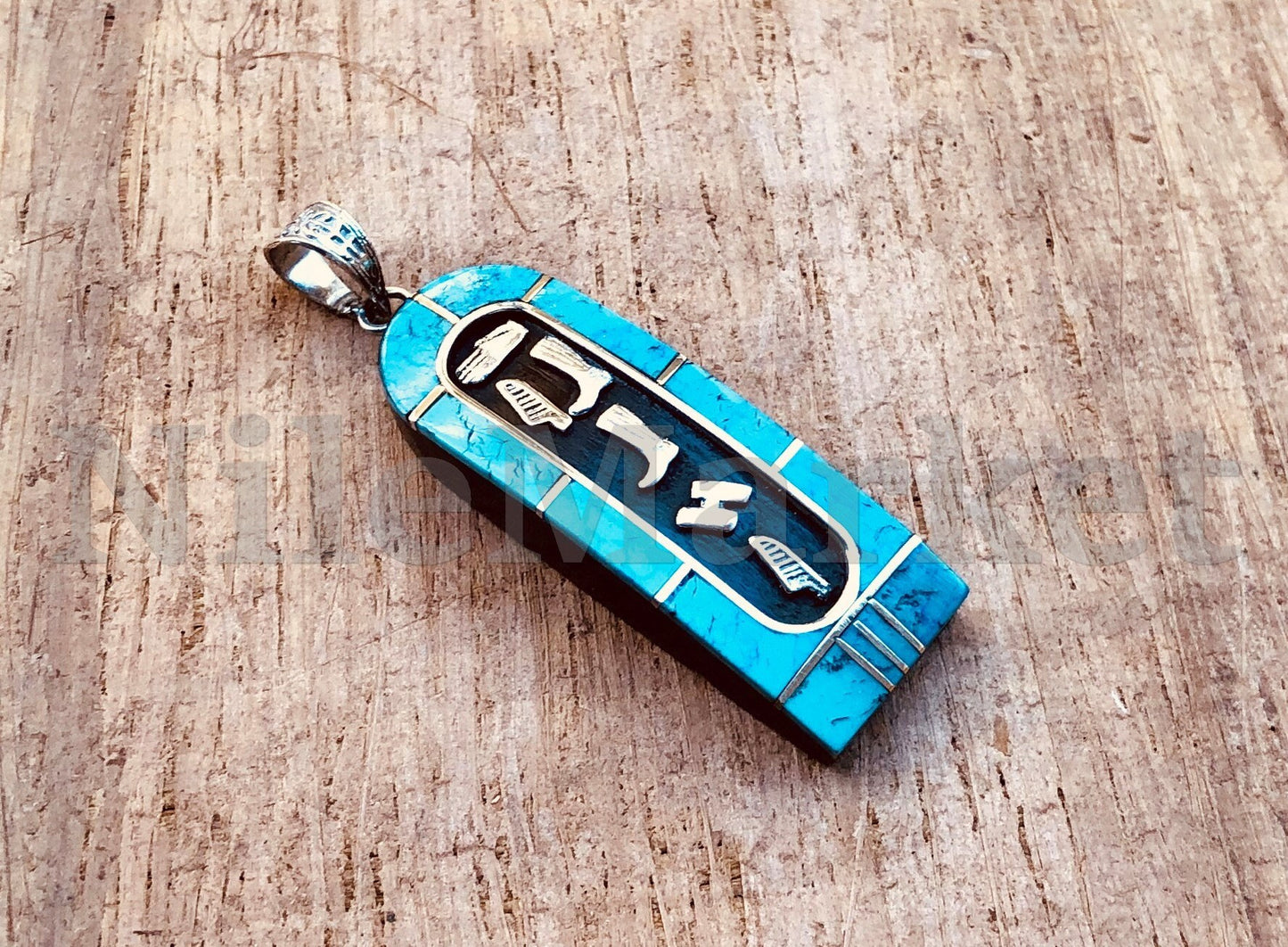 Egyptian Personalized Ebony Blue Inlaid Wide Sterling Silver Cartouche Charm , WORLD WIDE Express Shipping,