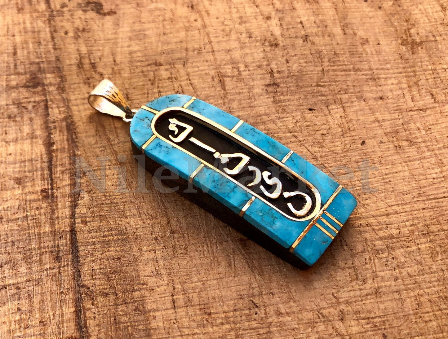 Egyptian Personalized Ebony Blue Inlaid Wide Sterling Silver Cartouche Charm , WORLD WIDE Express Shipping,