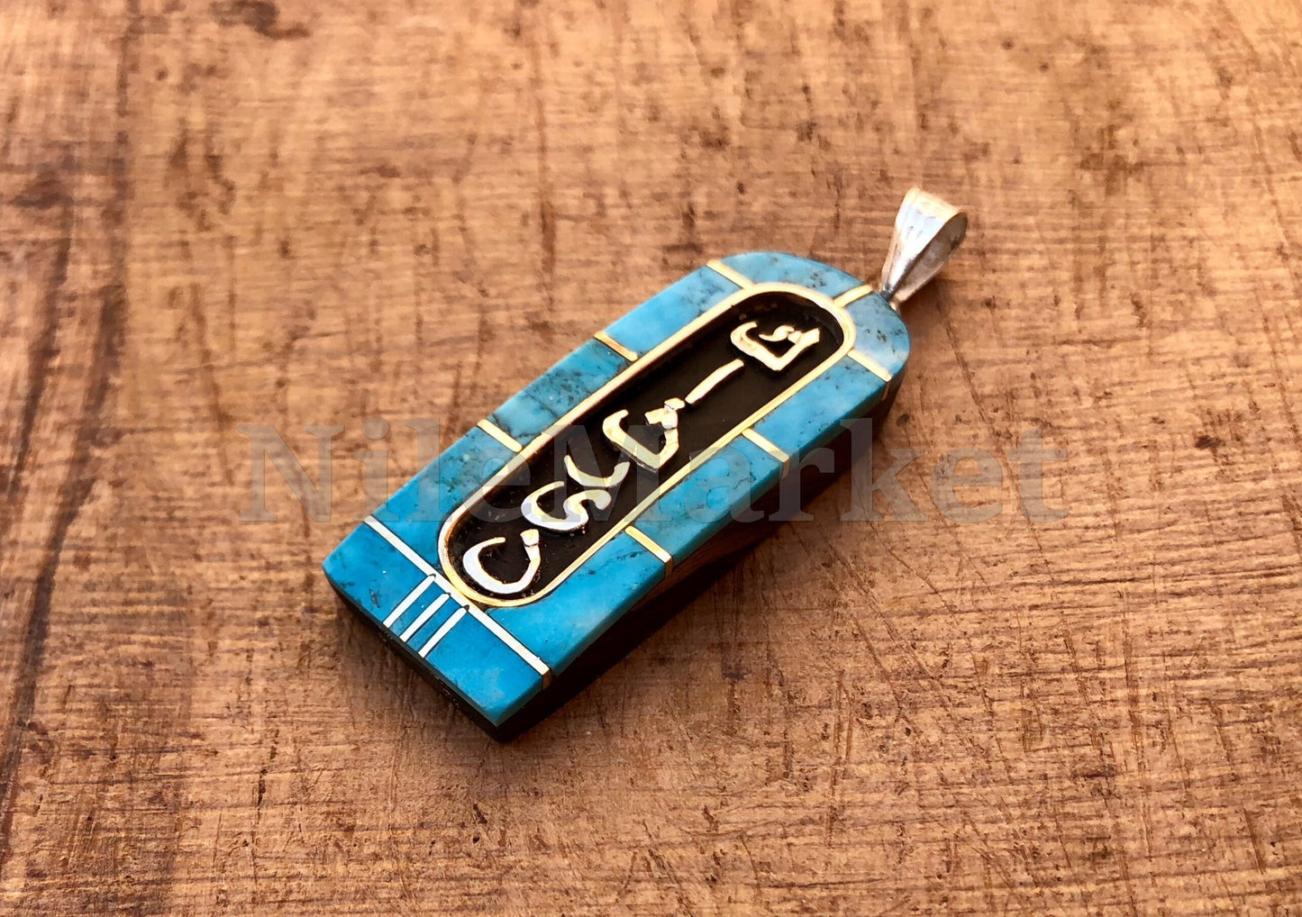 Egyptian Personalized Ebony Blue Inlaid Wide Sterling Silver Cartouche Charm , WORLD WIDE Express Shipping,