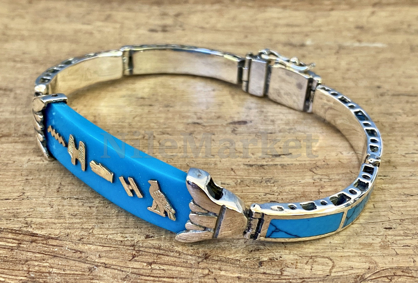 Put your name on Egyptian Custom Sterling Silver Lotus Personalized Cartouche Blue Inlaid Cuff Links Bracelet , WORLD WIDE Express Shipping
