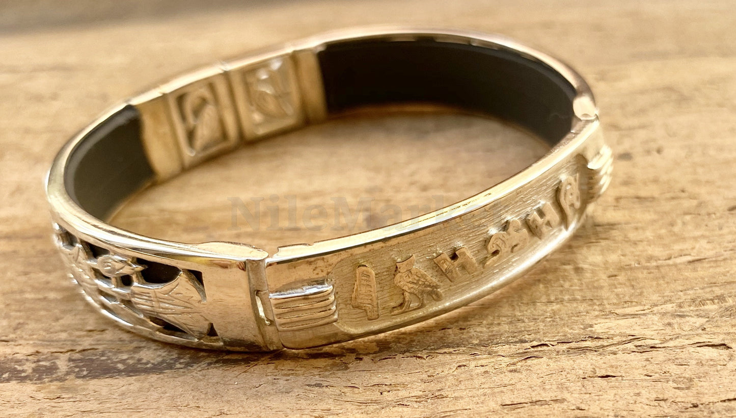Egyptian Customized Sterling Silver Lotus Cartouche Cuff Bracelet Winged Scarab Lotus