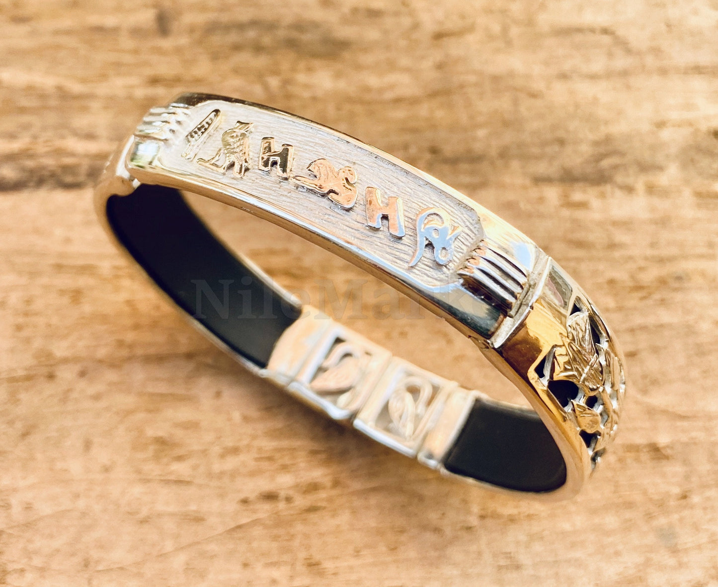 Egyptian Customized Sterling Silver Lotus Cartouche Cuff Bracelet Winged Scarab Lotus