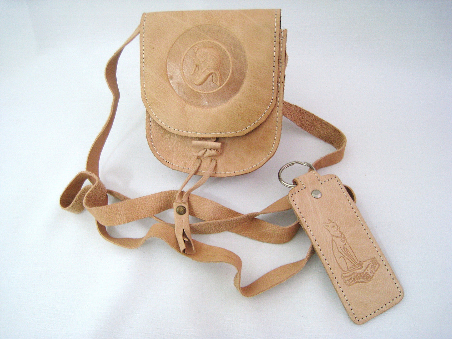 Egyptian Genuine Camel Leather Tutankhmun Cell Side Carry Case & Key Chain Set