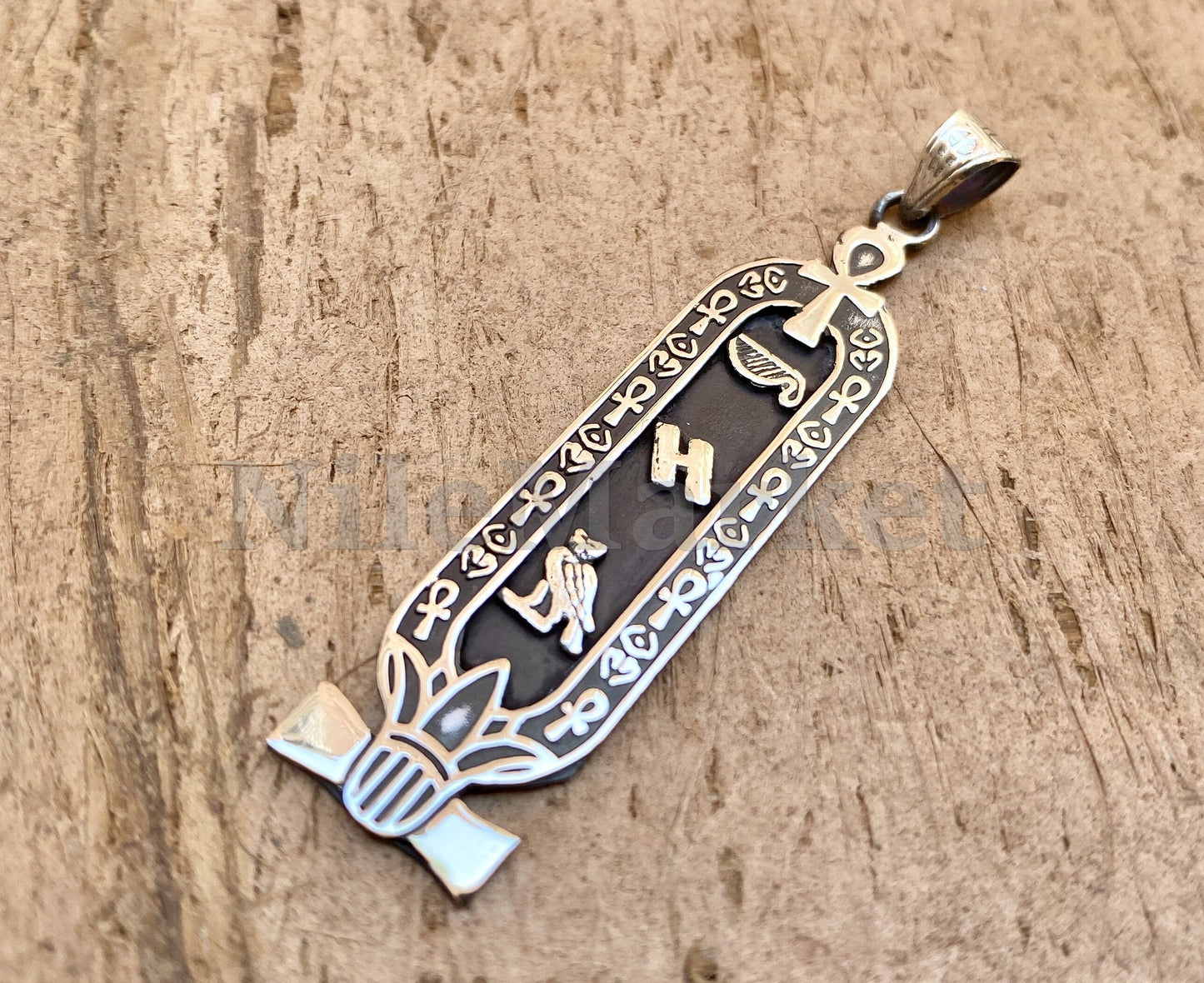 Customized Egyptian Personalized Nameplate Sterling Silver Ankh And Lotus Cartouche Charm pendant, WORLD WIDE Express Shipping