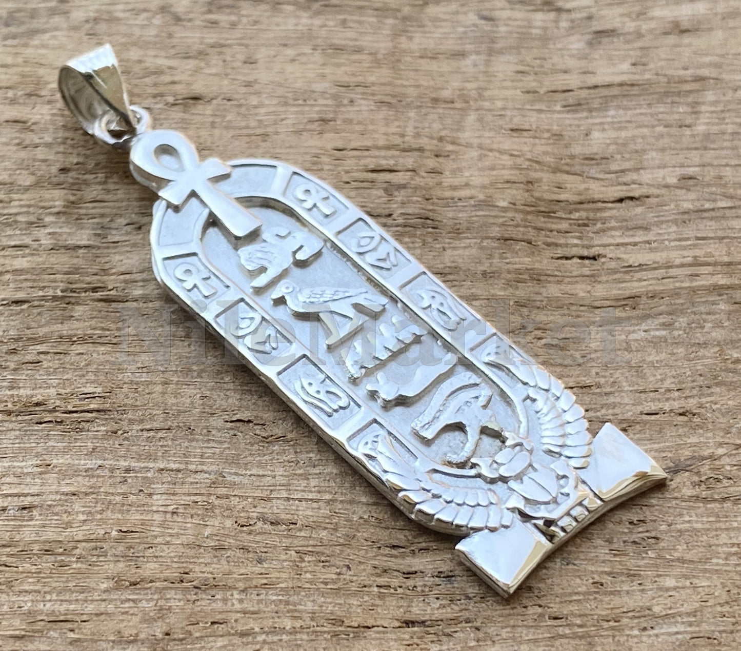 Customized Egyptian Personalized Sterling Silver Ankh And Winged Scarab Cartouche Pendant Nameplate Charm , WORLD WIDE Express Shipping