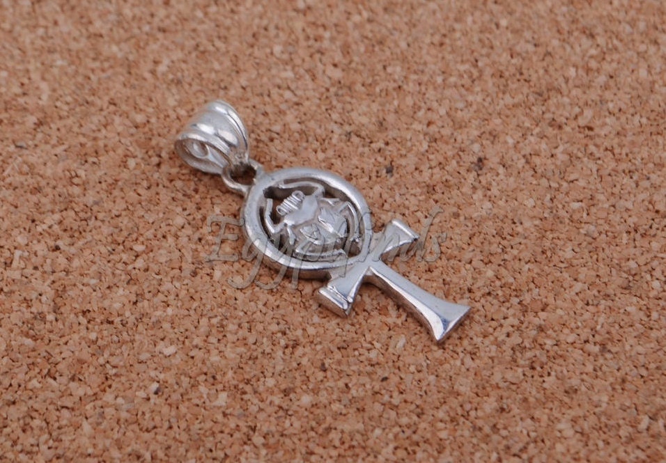 Shiny Egyptian Solid Sterling Silver Hallmarked Life Key Ankh Key Of Life With Scarab Pendant Charm Egyptian jewelry