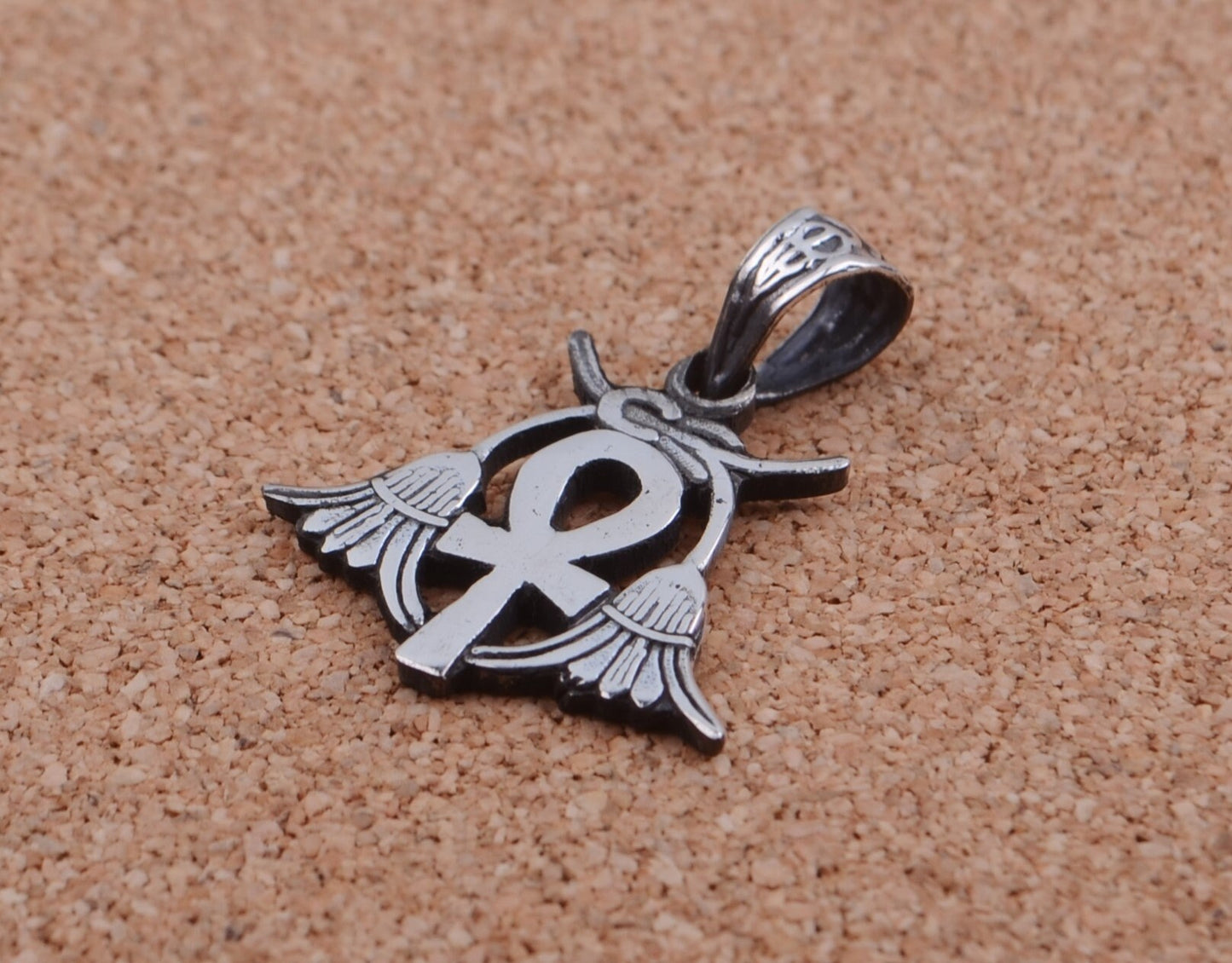 Egyptian Open Work Solid Silver Ankh Life Key Flanked By Two Lotus Flowers Pendant Charm