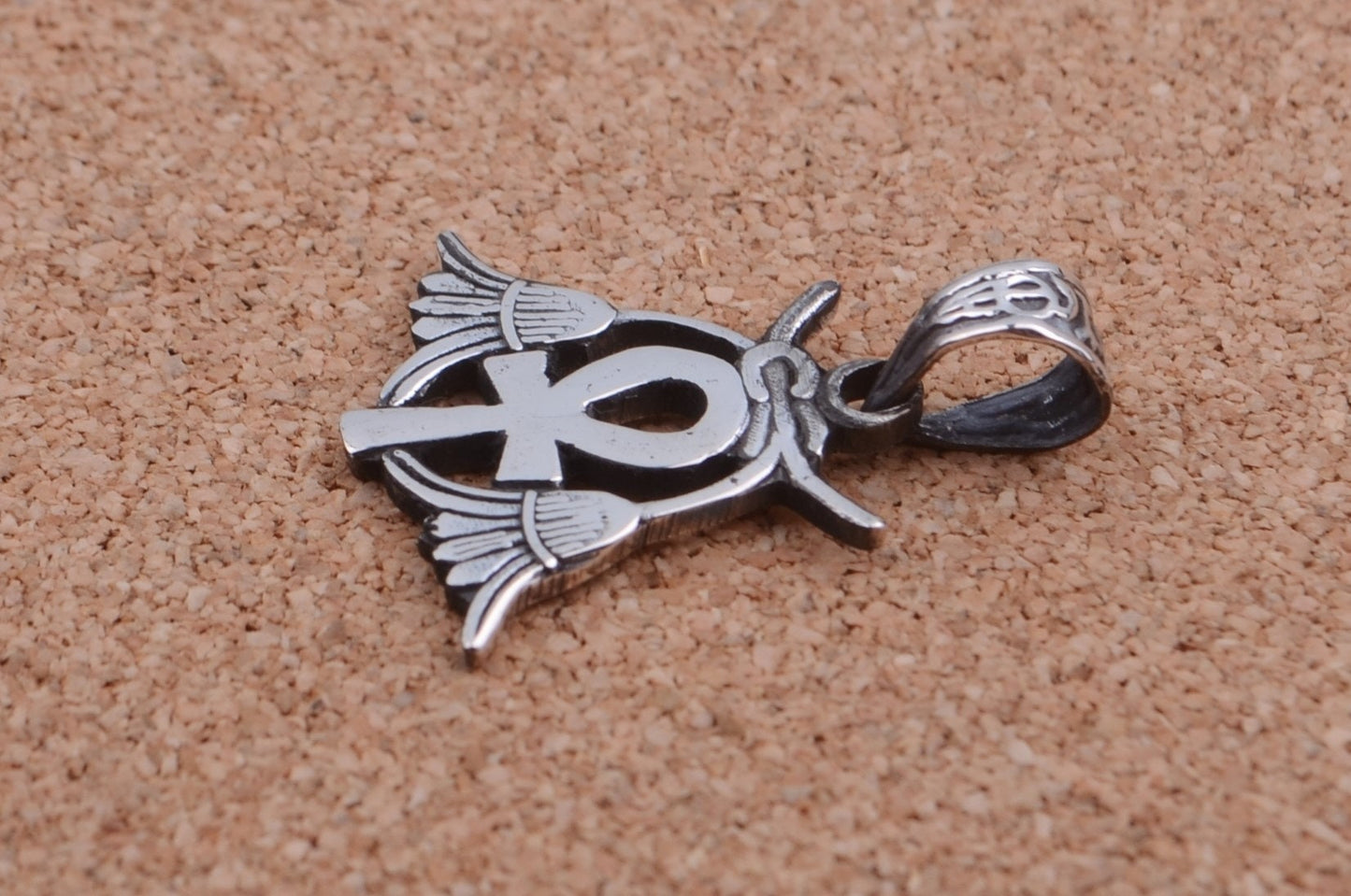 Egyptian Open Work Solid Silver Ankh Life Key Flanked By Two Lotus Flowers Pendant Charm