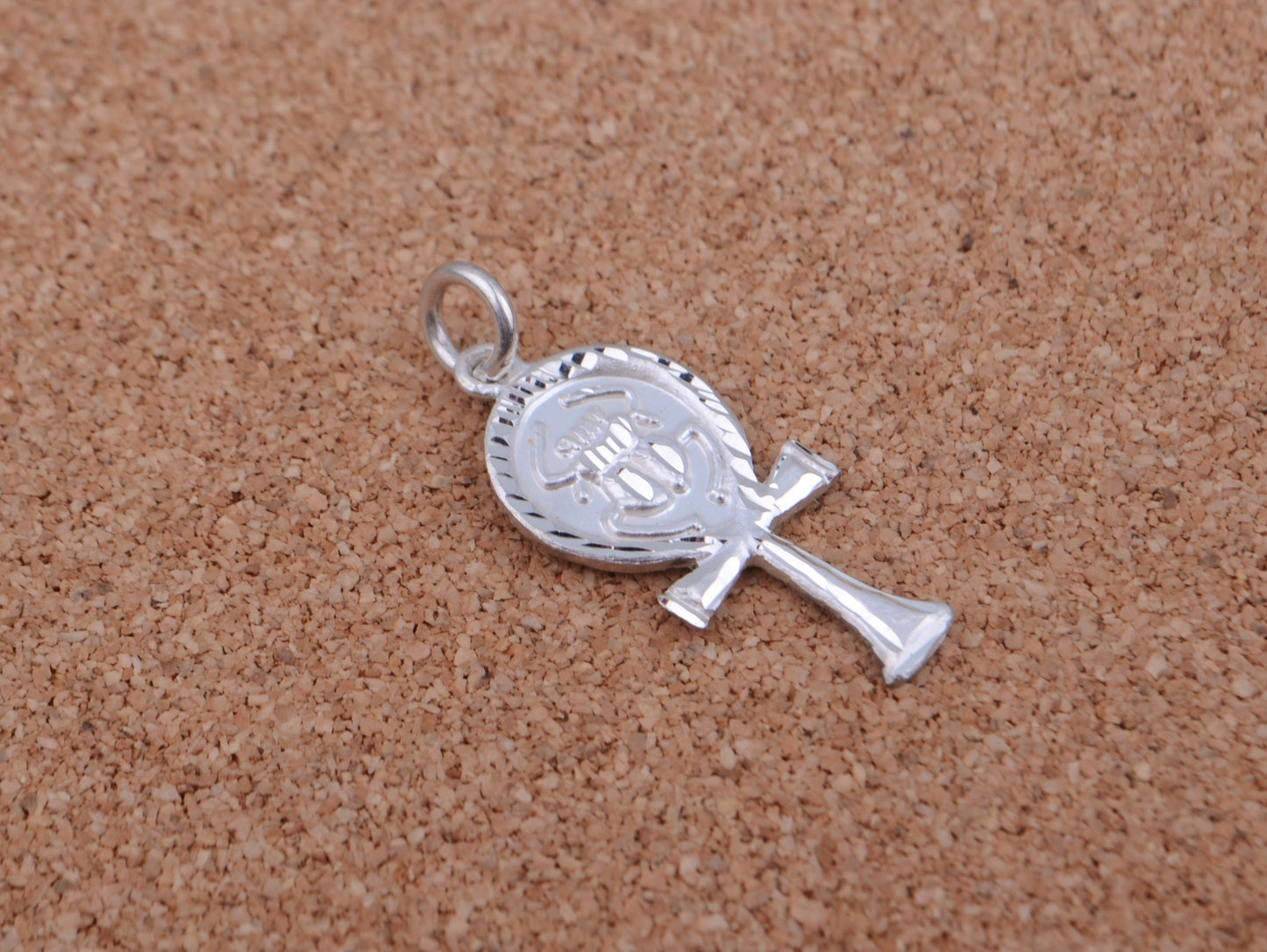 Shiny Egyptian Laser Cut Solid Sterling Silver Life Key Ankh With Scarab Pendant Charm