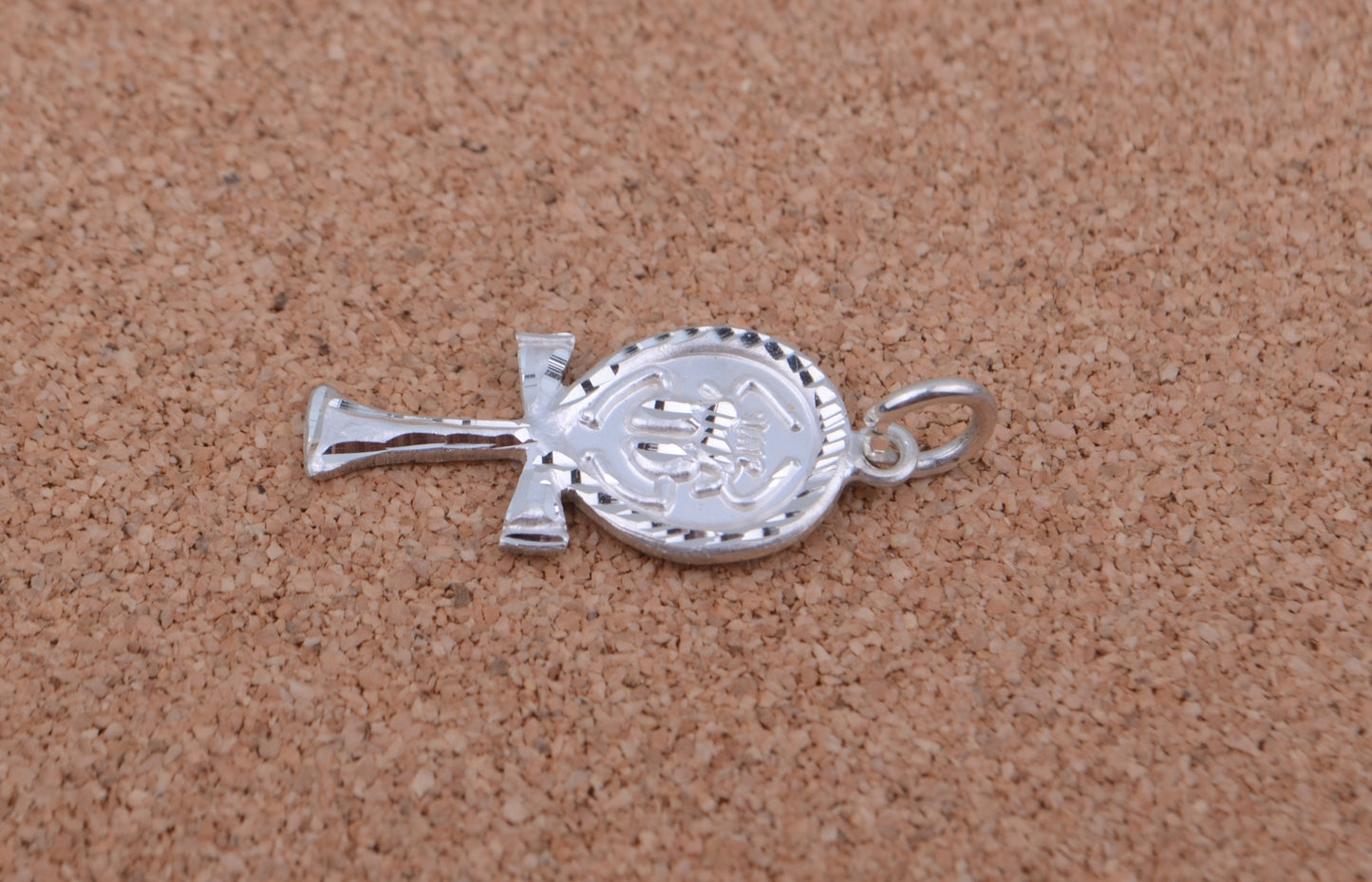 Shiny Egyptian Laser Cut Solid Sterling Silver Life Key Ankh With Scarab Pendant Charm