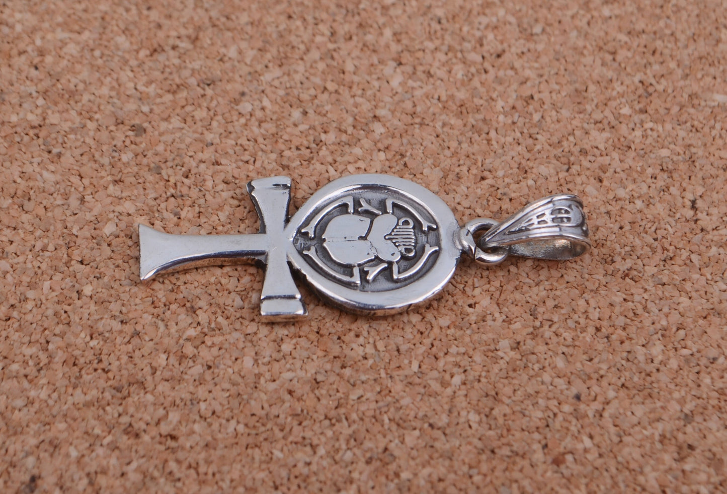 Shiny Egyptian Solid Silver Hallmarked Life Key Ankh With Scarab Pendant Charm Pendant Egyptian Jewelry