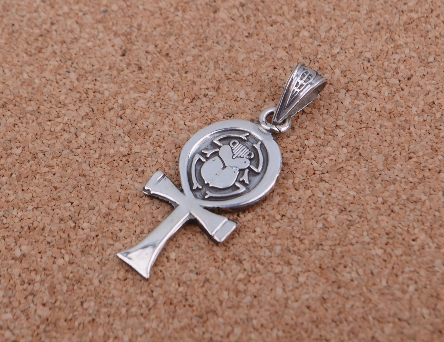Shiny Egyptian Solid Silver Hallmarked Life Key Ankh With Scarab Pendant Charm Pendant Egyptian Jewelry