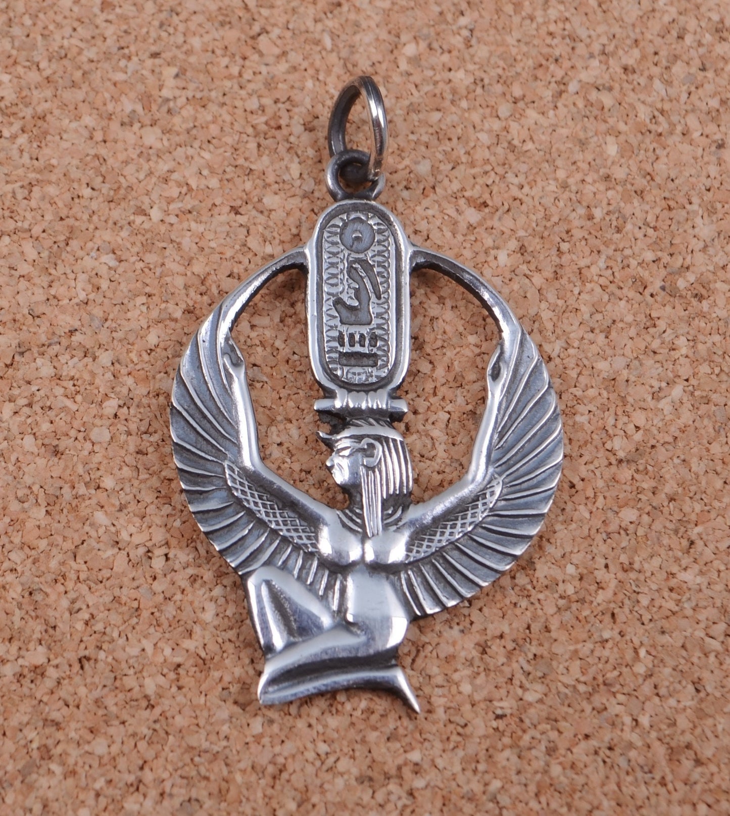 Egyptian Sterling Silver Open Work Oxidized Isis With Hieroglyphics Pendant Charm
