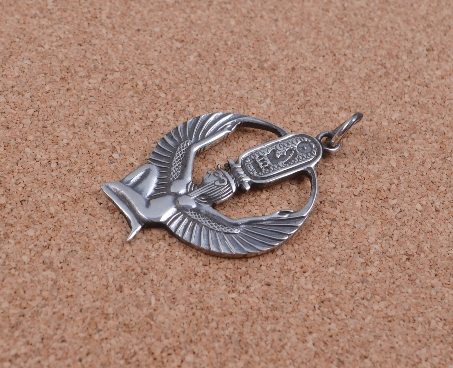 Egyptian Sterling Silver Open Work Oxidized Isis With Hieroglyphics Pendant Charm