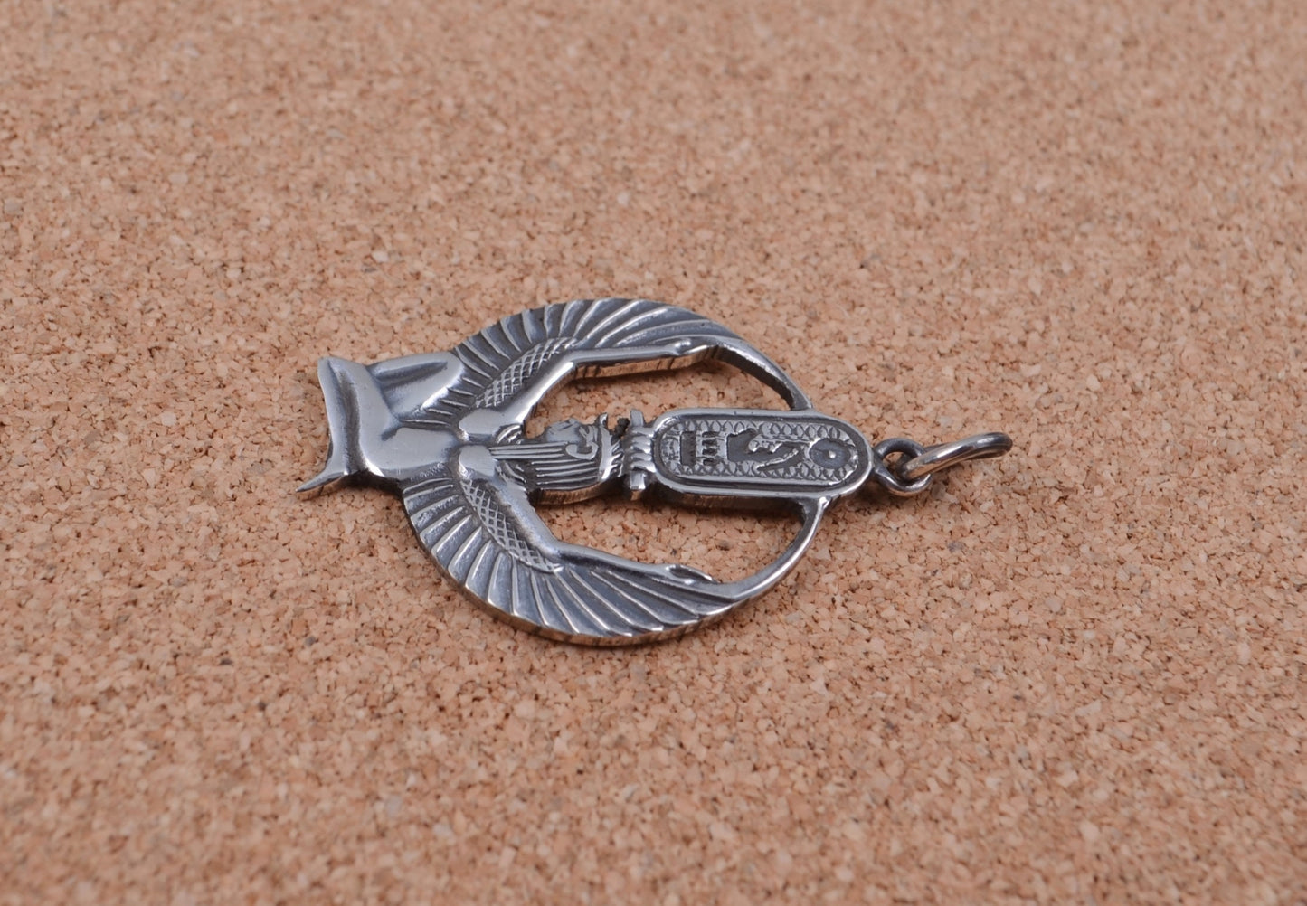 Egyptian Sterling Silver Open Work Oxidized Isis With Hieroglyphics Pendant Charm