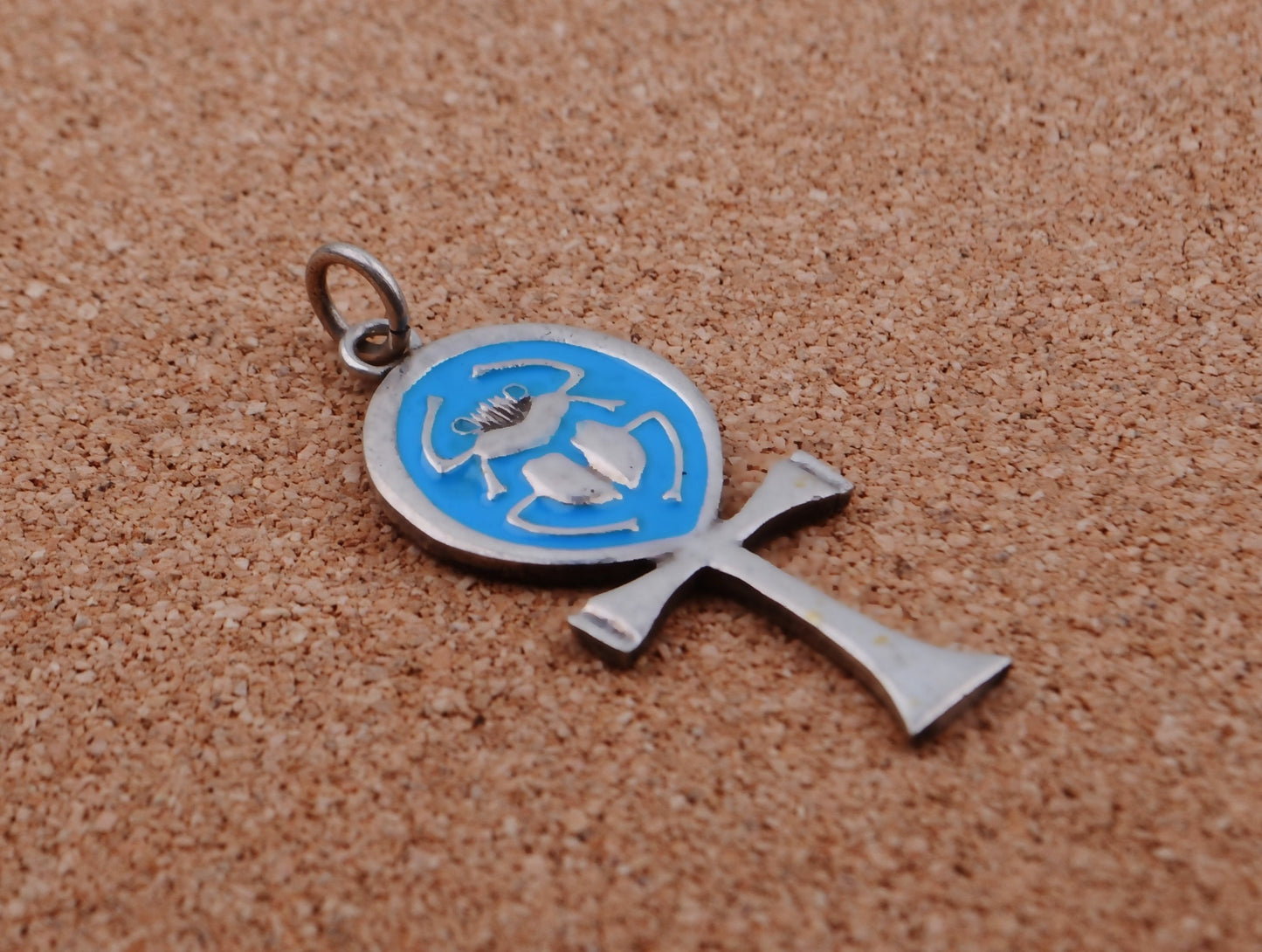 Lrg Egyptian Hand Made Sterling Silver enameled Ankh Life Key With Scarab Charm
