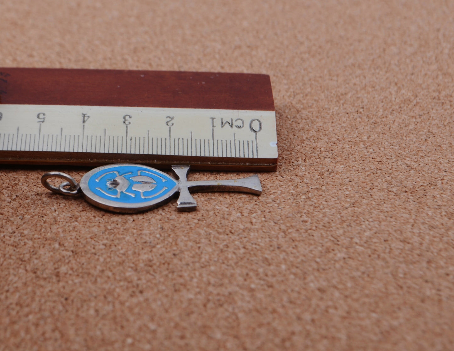 Lrg Egyptian Hand Made Sterling Silver enameled Ankh Life Key With Scarab Charm