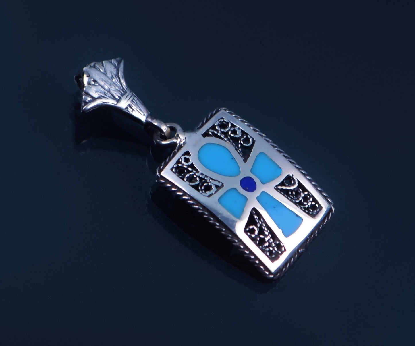 Egyptian Hand Made Sterling Solid Silver Inlaid Filigree Framed Ankh Life Key With Lotus Charm Pendant