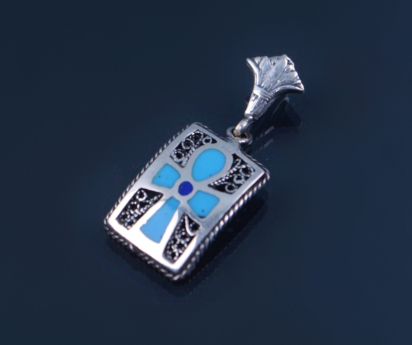 Egyptian Hand Made Sterling Solid Silver Inlaid Filigree Framed Ankh Life Key With Lotus Charm Pendant