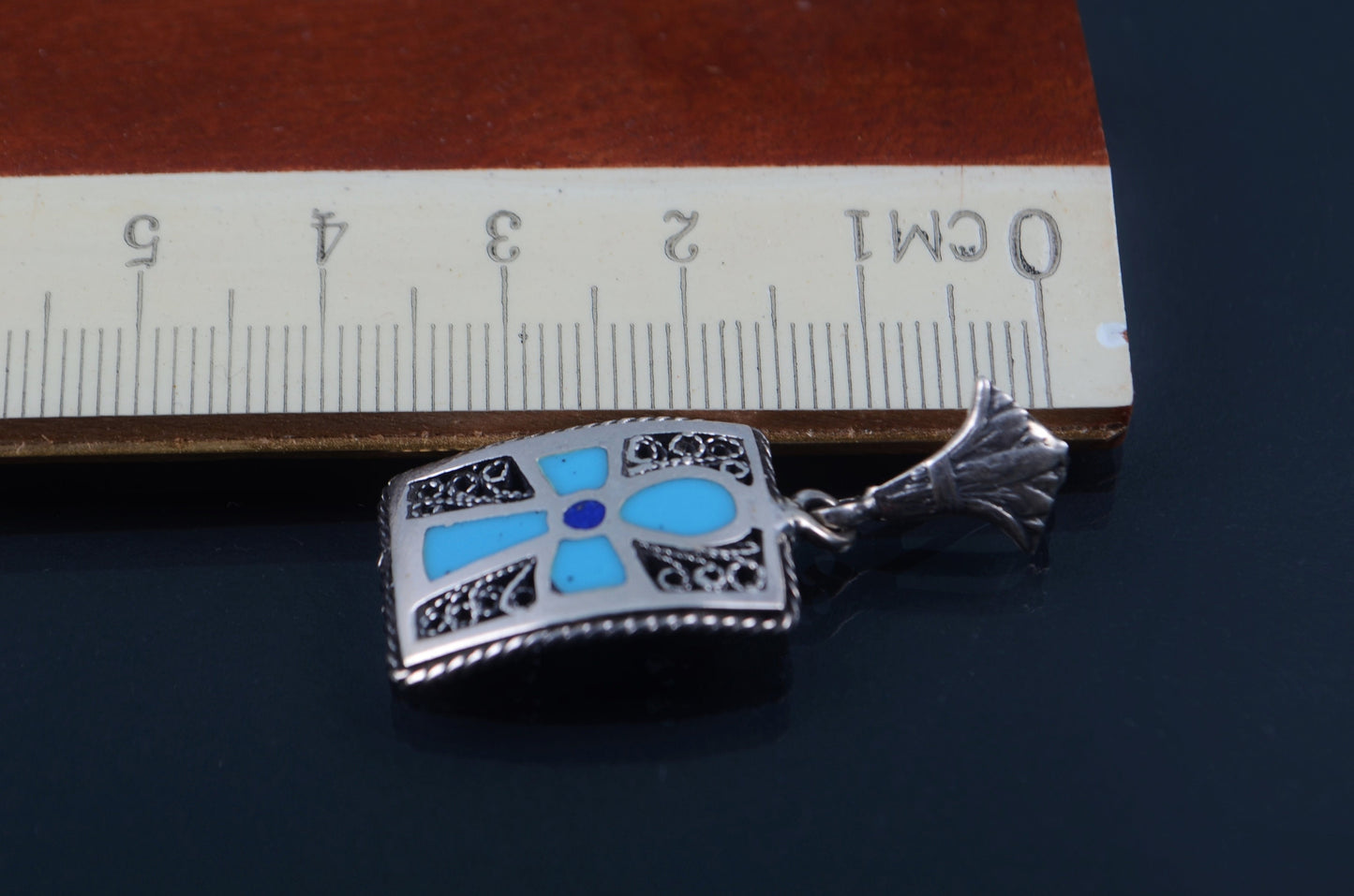 Egyptian Hand Made Sterling Solid Silver Inlaid Filigree Framed Ankh Life Key With Lotus Charm Pendant