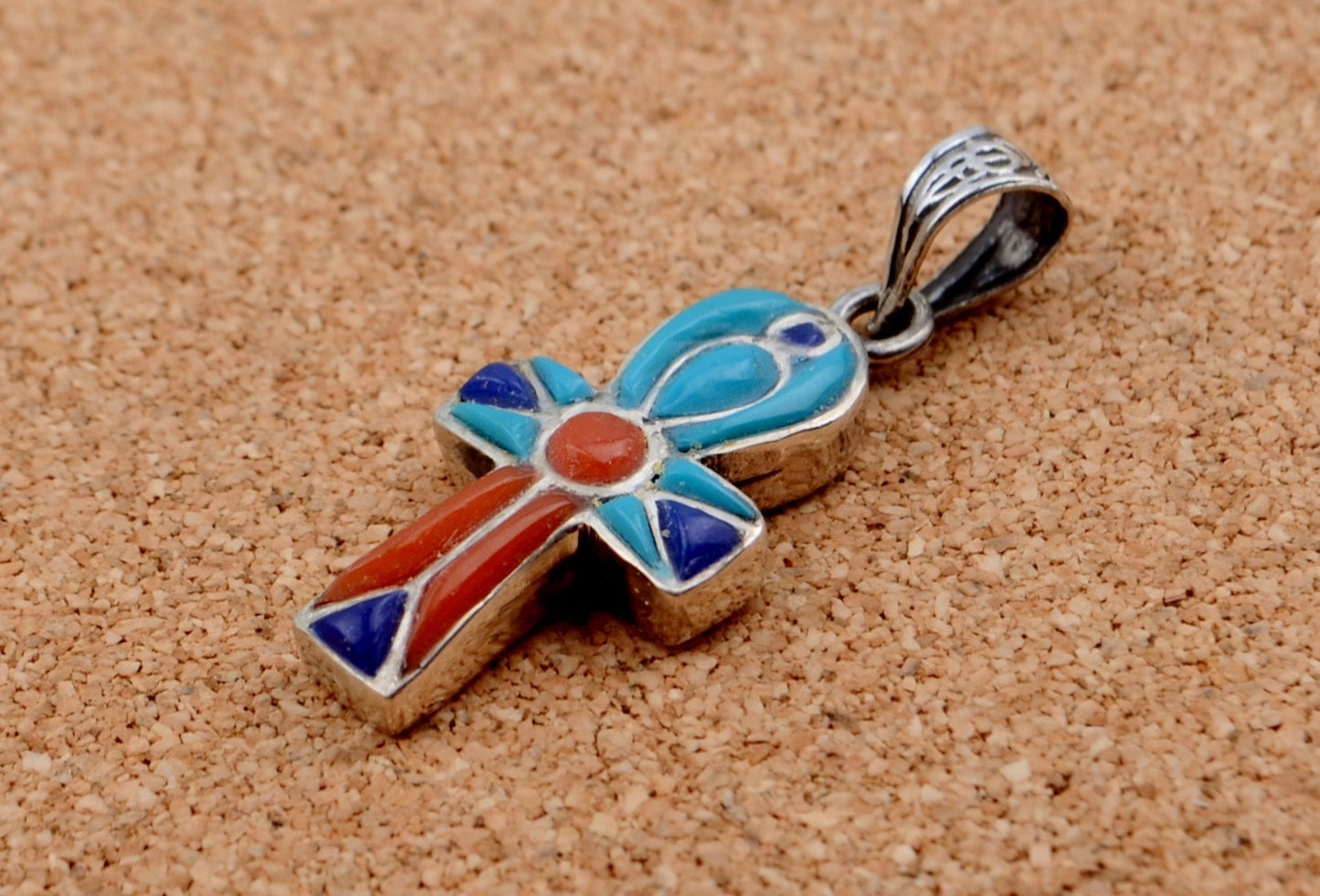 Amazing Egyptian Sterling Silver Raised Inlaid life key Cross Ankh Charm Pendant