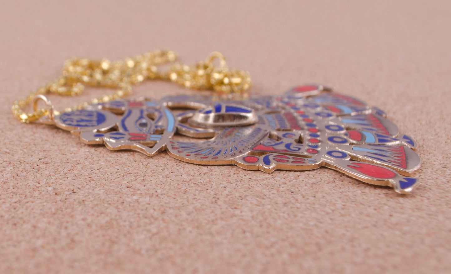 Egyptian Huge Hand Made Detailed Enameled Winged Scarab Necklace