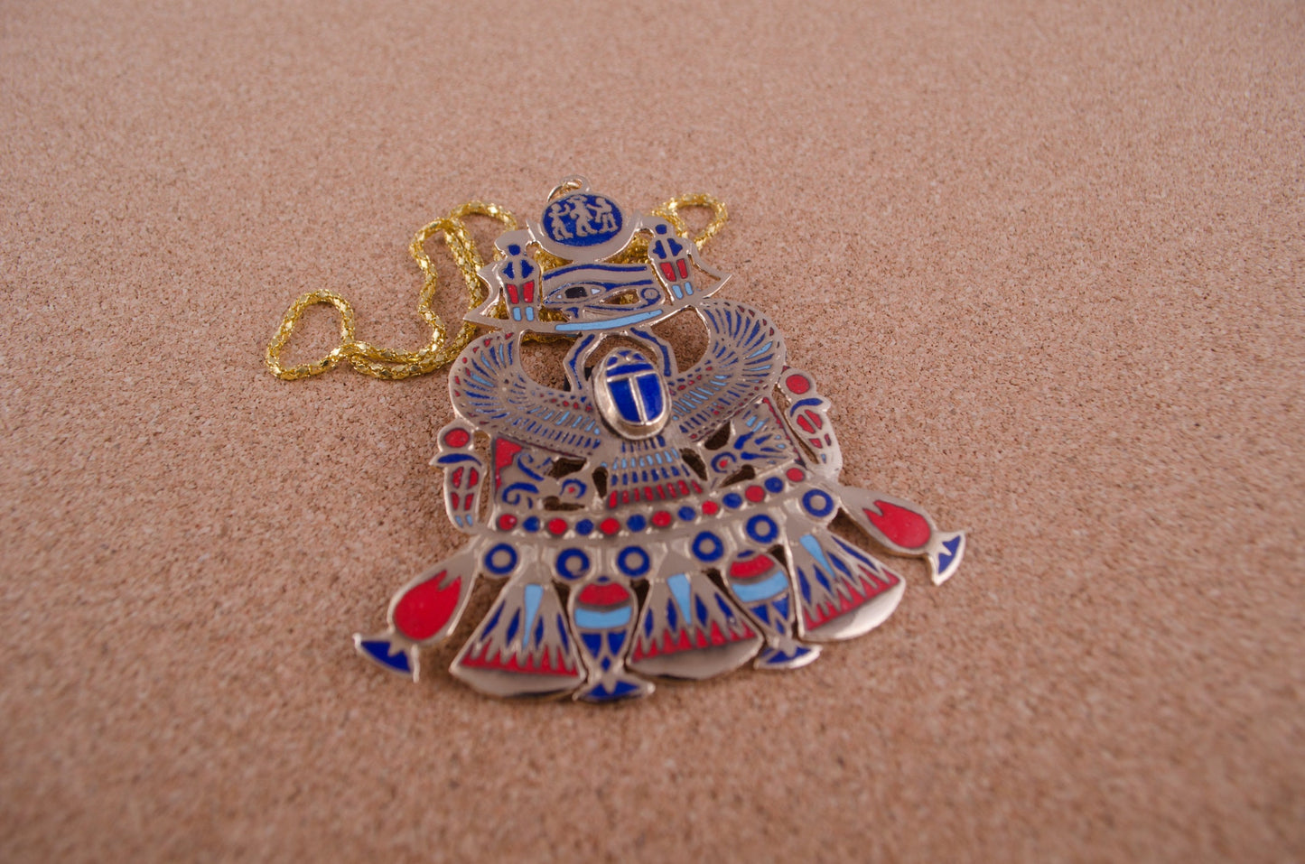 Egyptian Huge Hand Made Detailed Enameled Winged Scarab Necklace