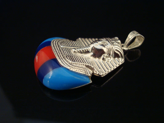 Egyptian Solid Sterling Silver Colored Inlaid Tutankhamun Tut Mummy Pendant