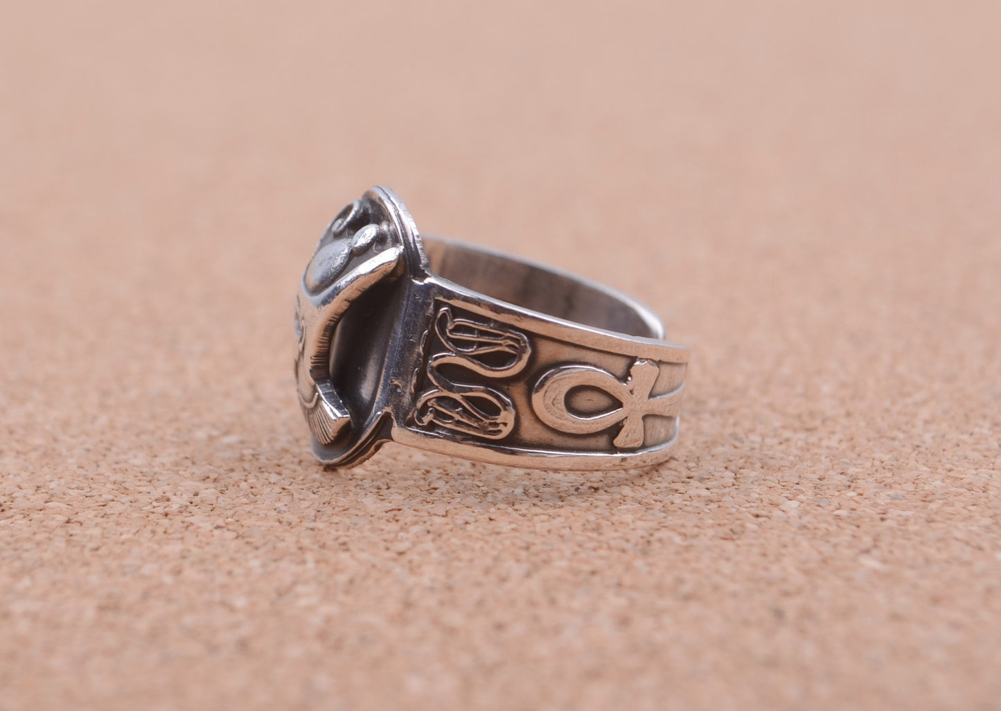 Egyptian Hand Made Solid Silver Ramses II With Ankh And Cobras Ring Unisex