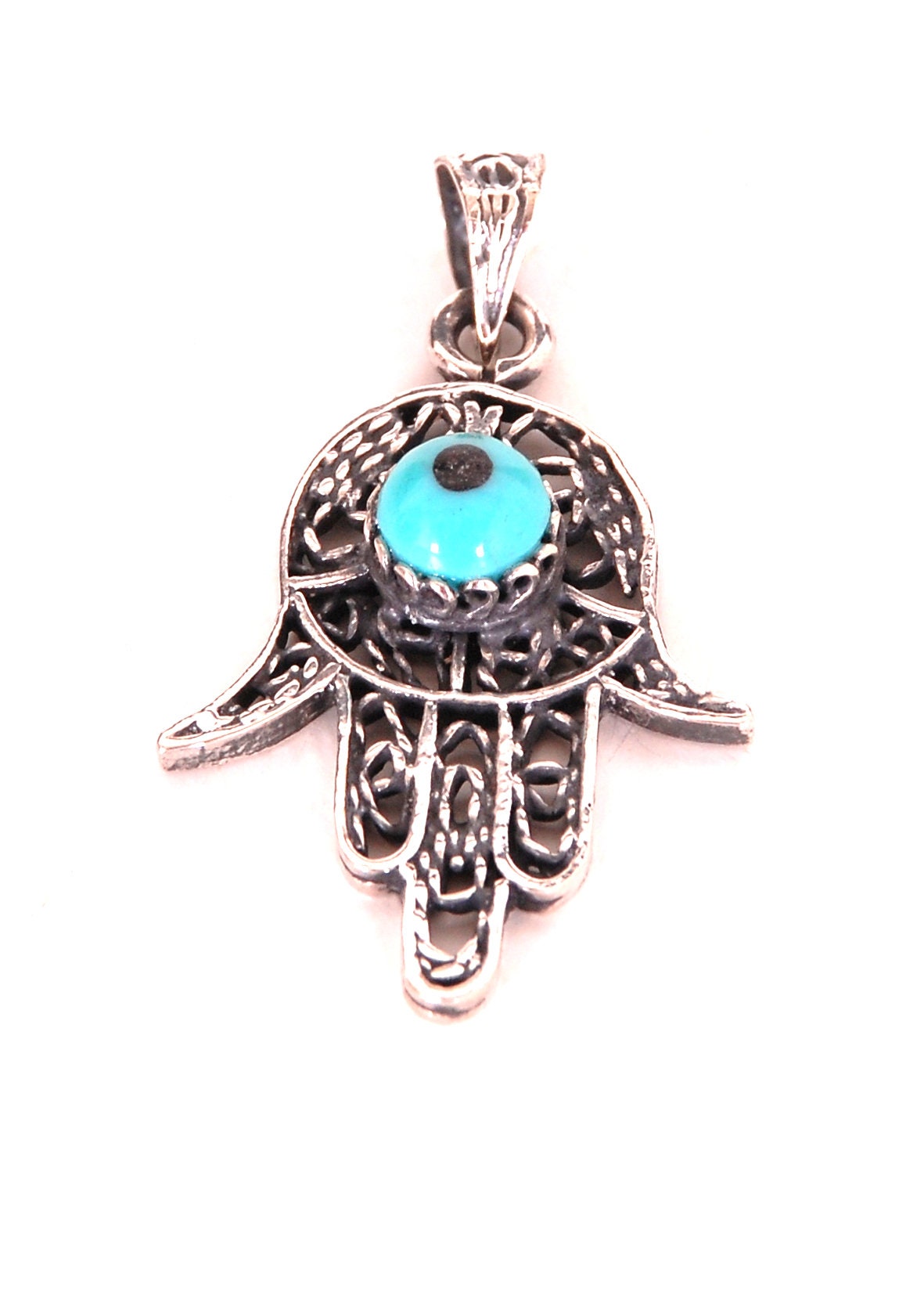 Lrg Tribal Solid Silver Filigree Khamsa Hamsa Hand of Fatima Charm Pendant Evil Eye Charm Pendant Protection